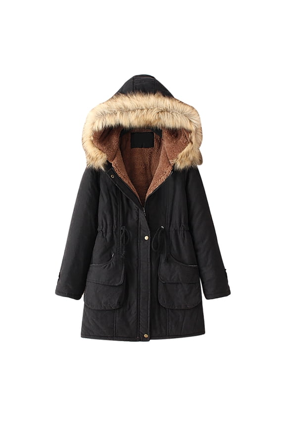 Women's Hooded Winter Coat Long Warm Fleeced Lined Long Jackets Thicken Zip Up Faux Fur Hooded Parka Coat with Pockets Black L