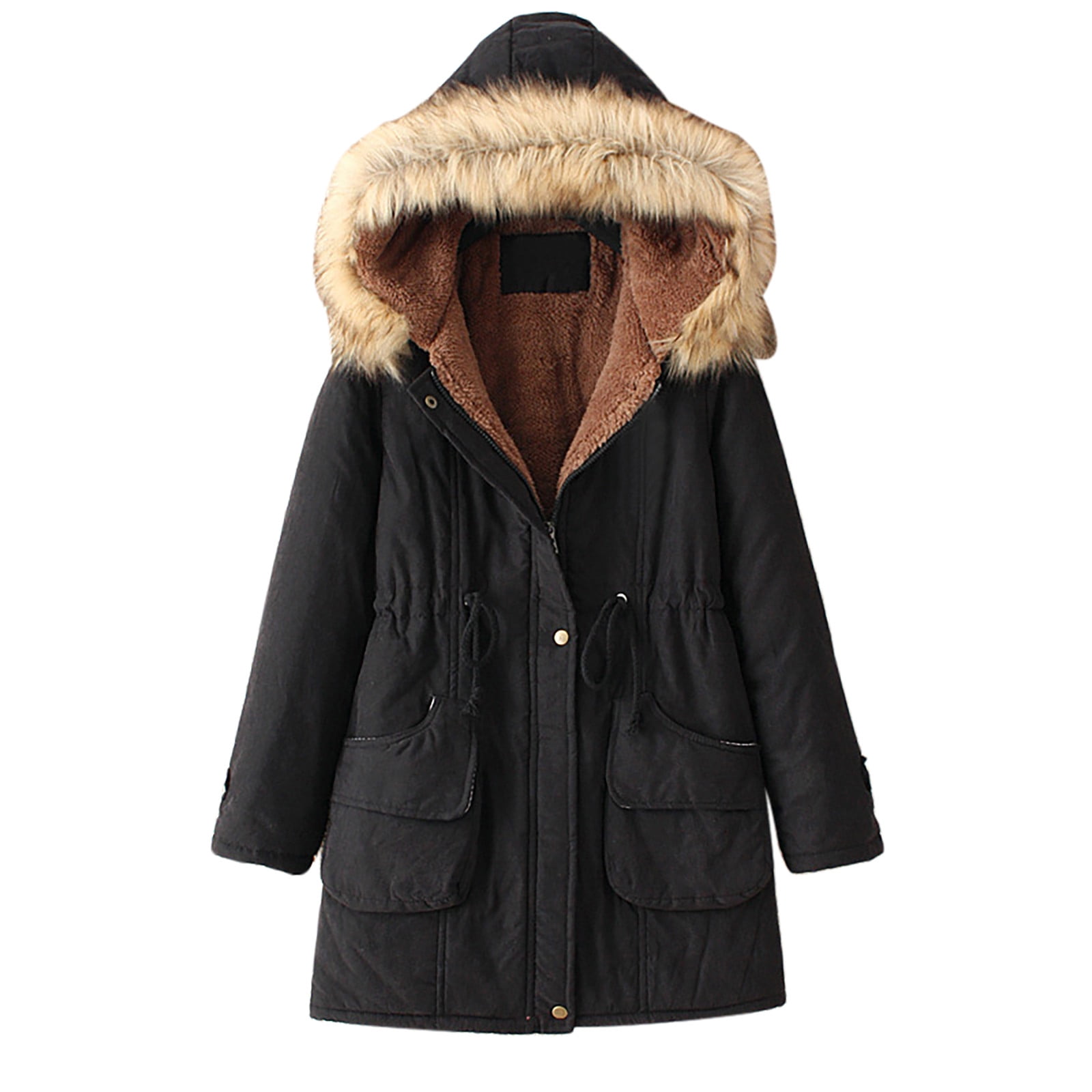 Hfyihgf Women's Hooded Winter Coat Long Warm Fleeced Lined Long Jackets Thicken Zip Up Faux Fur Hooded Parka Coat with Pockets Black XL