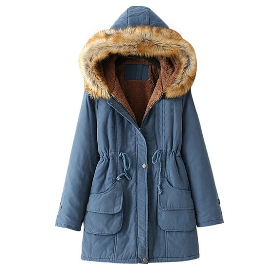 Hfyihgf Women's Hooded Winter Coat Long Warm Fleeced Lined Long Jackets Thicken Zip Up Faux Fur Hooded Parka Coat with Pockets Blue XXL