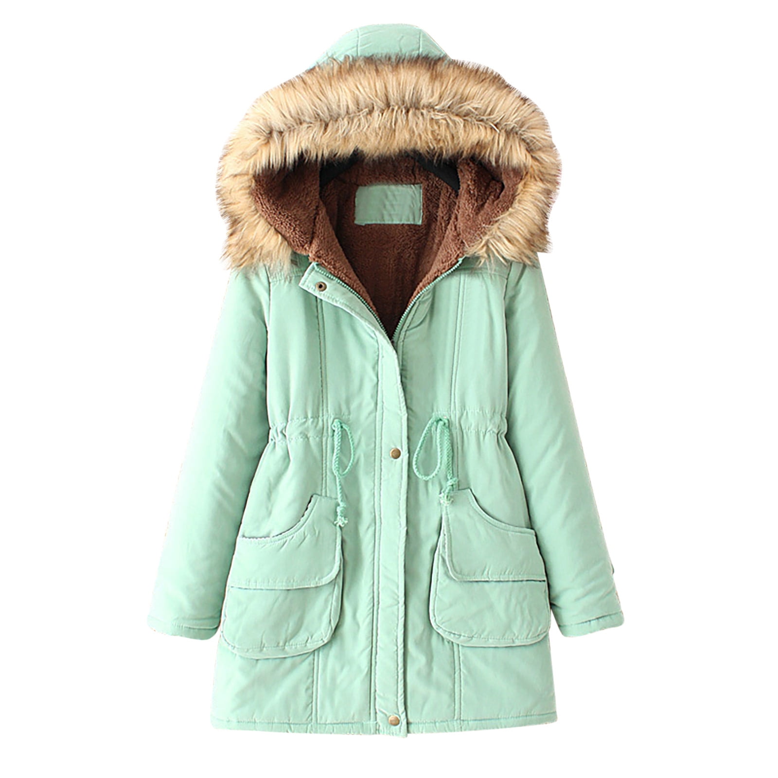 Hfyihgf Women's Hooded Winter Coat Long Warm Fleeced Lined Long Jackets Thicken Zip Up Faux Fur Hooded Parka Coat with Pockets Green 3XL