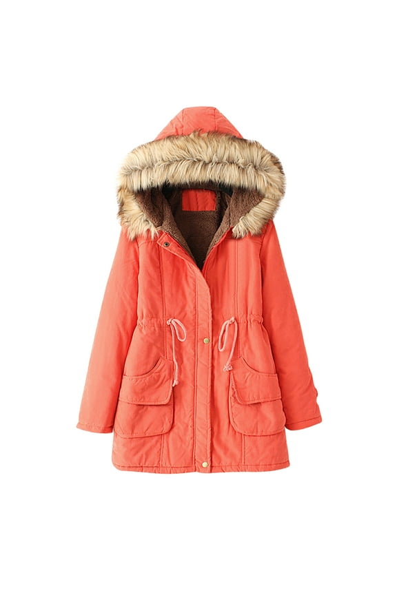 Women's Hooded Winter Coat Long Warm Fleeced Lined Long Jackets Thicken Zip Up Faux Fur Hooded Parka Coat with Pockets Orange S