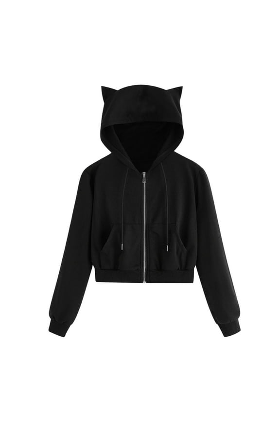 Women's Hoodies Teen Girl Fall Jacket Sweatshirts Casual Drawstring Clothes Cropped Zip Up Y2K Hoodie with Pocket(Z2-Black,S)