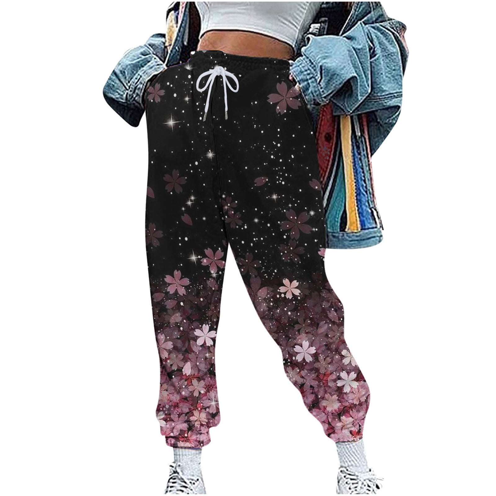 Hfyihgf Women s Joggers Sweatpants Drawstring Waisted Baggy Comfy Pants Athletic Y2k Flower Print Lounge Trousers with Pockets Pink XL Walmart