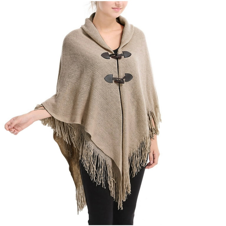 Hfyihgf Women s Knitted Tassel Poncho Cape Shawl Fall Winter Batwing Sleeve Open Front Sweater Horn Button Cardigan Coat