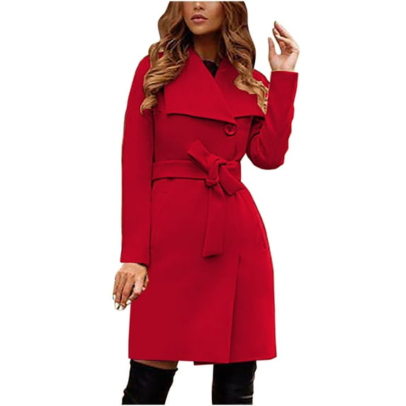 Hfyihgf Women's Lapel Button Down Long Trench Coat Wool Blend Windproof Classic Overcoat with Belt Red M