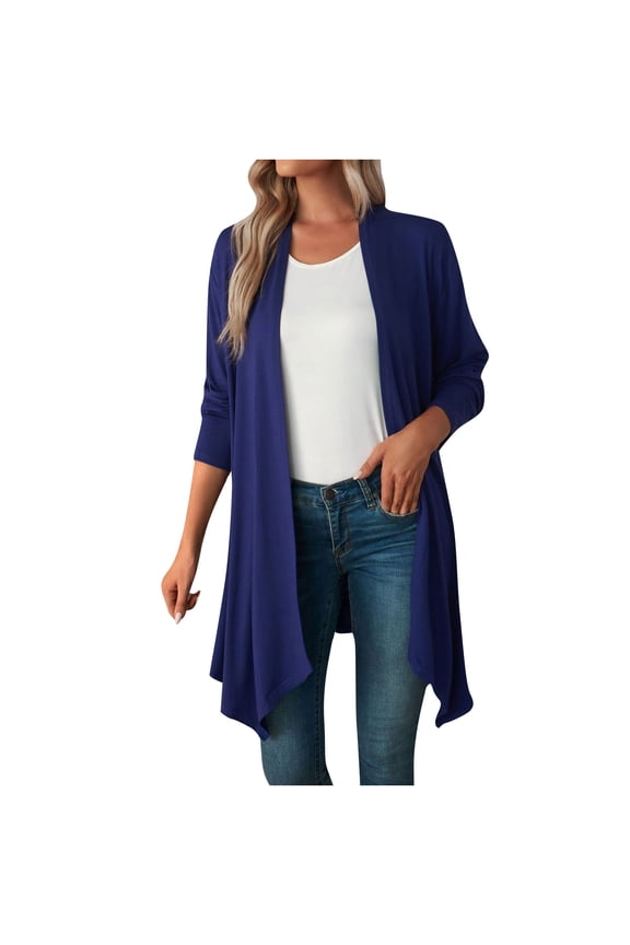 Women's Lightweight Cardigan Casual Soft Long Sleeve Knit Sweater Outwear with Pockets Solid Color High Low Hem Draped Duster Cardigans Tops Navy S