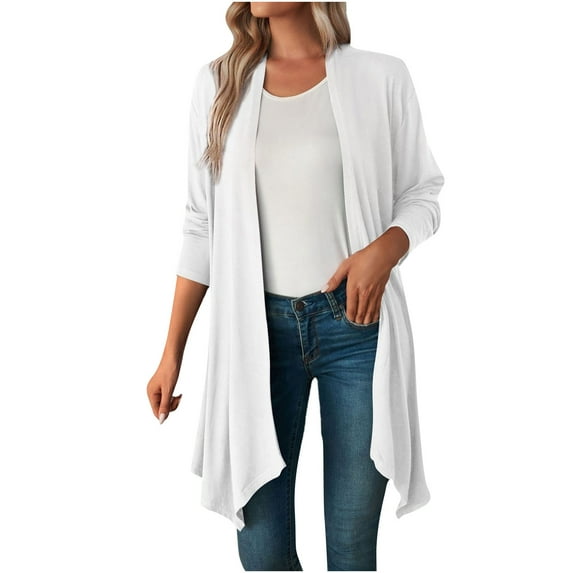 Hfyihgf Women's Lightweight Cardigan Casual Soft Long Sleeve Knit Sweater Outwear with Pockets Solid Color High Low Hem Draped Duster Cardigans Tops White L