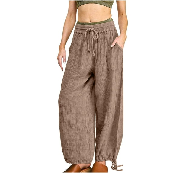 Hfyihgf Women's Linen Wide Leg Pants 2024 Casual Loose Lightweigt Beach Palazzo Harem Pants Drawstring Baggy Yoga Pants with Pockets(Khaki,L)