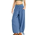 thumbnail image 1 of Hfyihgf Women's Linen Wide Leg Pants 2024 Casual Loose Lightweigt Beach Palazzo Harem Pants Drawstring Baggy Yoga Pants with Pockets(Light Blue,XXL), 1 of 7