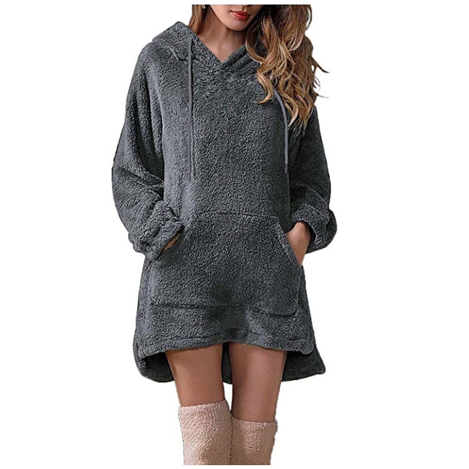 Hfyihgf Women's Long Sherpa Hoodie Pullover Fuzzy Fleece Oversized Hooded  Sweatshirt Dresses Winter Warm Tunic Tops Outwear with Pocket(Black,L)