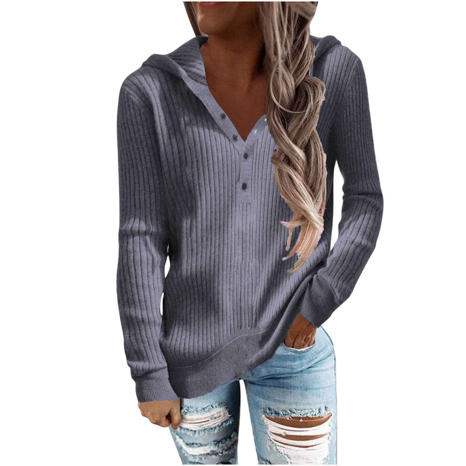 Hfyihgf Women s Long Sleeve Henley Hoodie Button Drawstring Casual