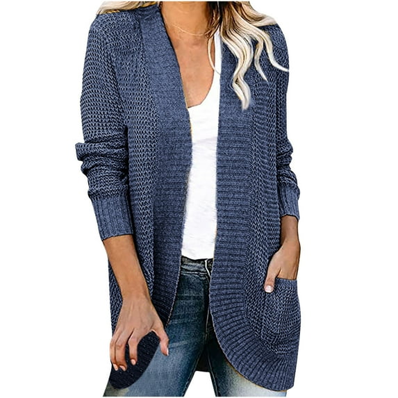 Hfyihgf Women's Long Sleeve Open Front Cardigans Casual Solid Color Lightweight Soft Knit Sweaters Outerwear Navy L