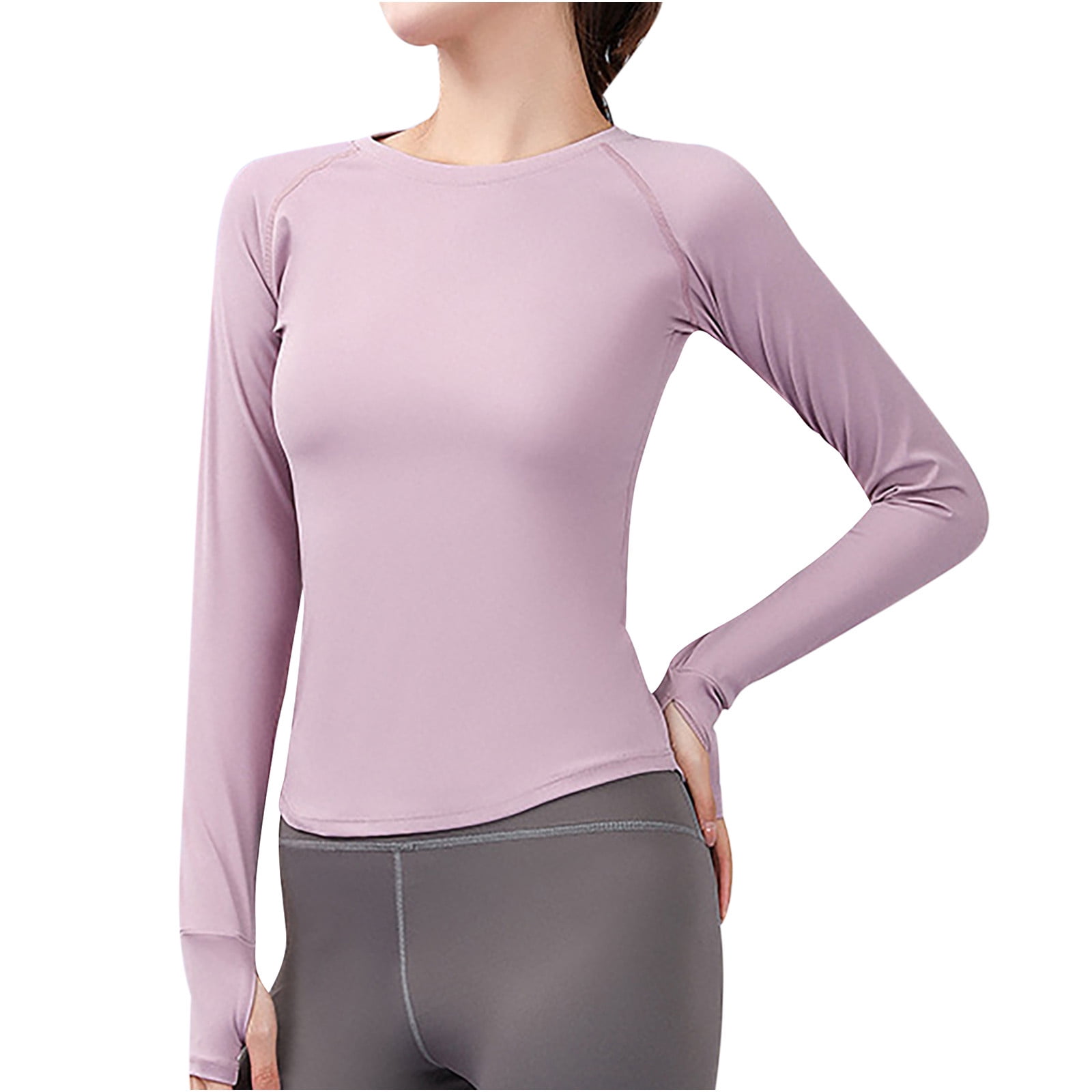  Refoiner Inner Paded Yoga Shirt Women Long Sleeve Gym Workout  Thumb Holes Breathable Anti-Sweat Running Sports Shirt Casual (Color :  Purple, Size : M Code) (Color : Purple, Size : Small) 