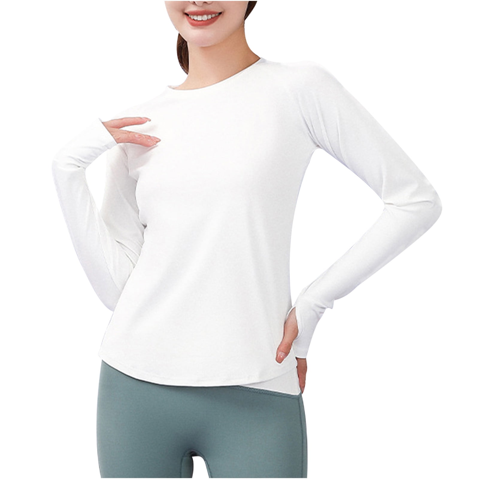 Hfyihgf Women's Long Sleeve Running Shirts with Thumbholes Stretch  Breathable Athletic Quick Dry Mesh Back Yoga Tops Workout T-Shirt(White,XL)