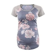 Hfyihgf Women's Maternity Tops Summer Floral Print Short Sleeve Clothes Flattering Side Ruched Pregnancy T-Shirt(Blue,L)