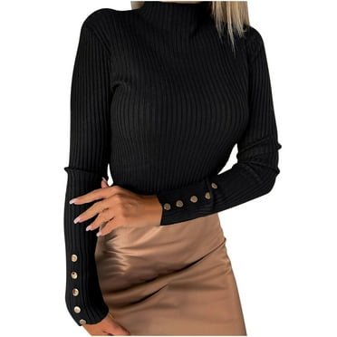 Hfyihgf Women's Mock Turtleneck Sweater Long Sleeve Ribbed Cable Knit Pullover Slim Fit Soft Jumper Tops（Black,L)