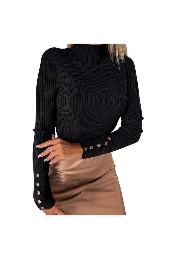 Women's Mock Turtleneck Sweater Long Sleeve Ribbed Cable Knit Pullover Slim Fit Soft Jumper Tops(Black,L)