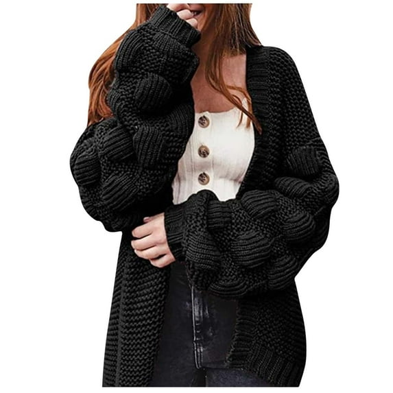 Hfyihgf Women's Open Front Long Lantern Sleeve Cardigan Sweaters Oversized Chunky Knit Solid Color Outwear Coats Black L