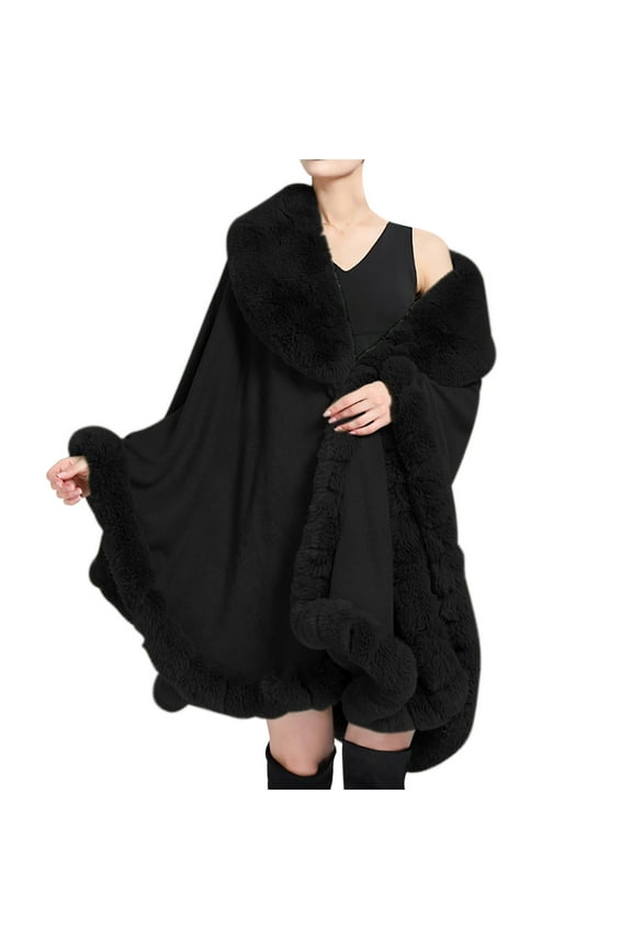 Women's Oversizd Shawl Cardigan Batwing Sleeve Faux Fur Trim Cape Wool Winter Warm Cloak Poncho Coat Black One Size
