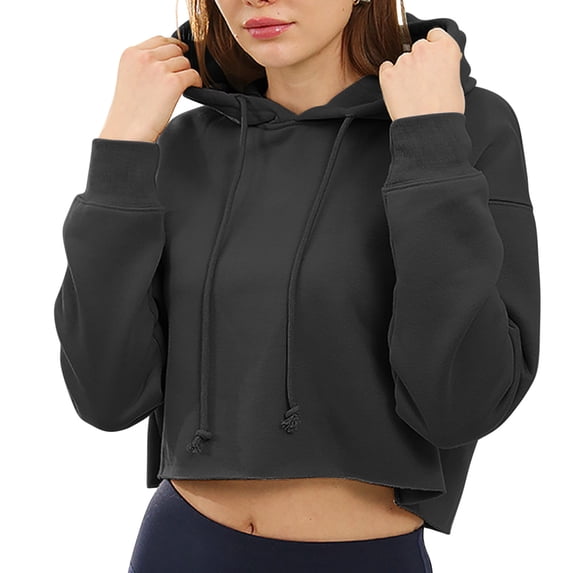Hfyihgf Women's Oversized Cropped Hoodie Lightweight Long Sleeves Drawstring Sweatshirts Cute Pullover Casual Workout Crop Tops(Black,XXL)