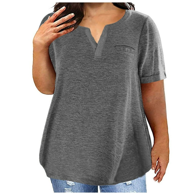 Hfyihgf Women's Plus Size Tunic Tops Summer Short Sleeve Split V Neck Loose  Blouses Lightweight Solid Casual Flowy T Shirts(Dark Gray,5XL) 