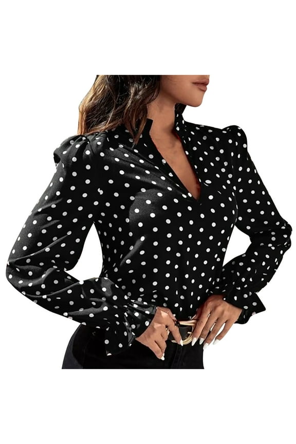 Women's Puff Long Sleeve Work Shirt Polka Dots Printed Low V Neck Blouse Office Tunic Tops Workwear(Black,L)
