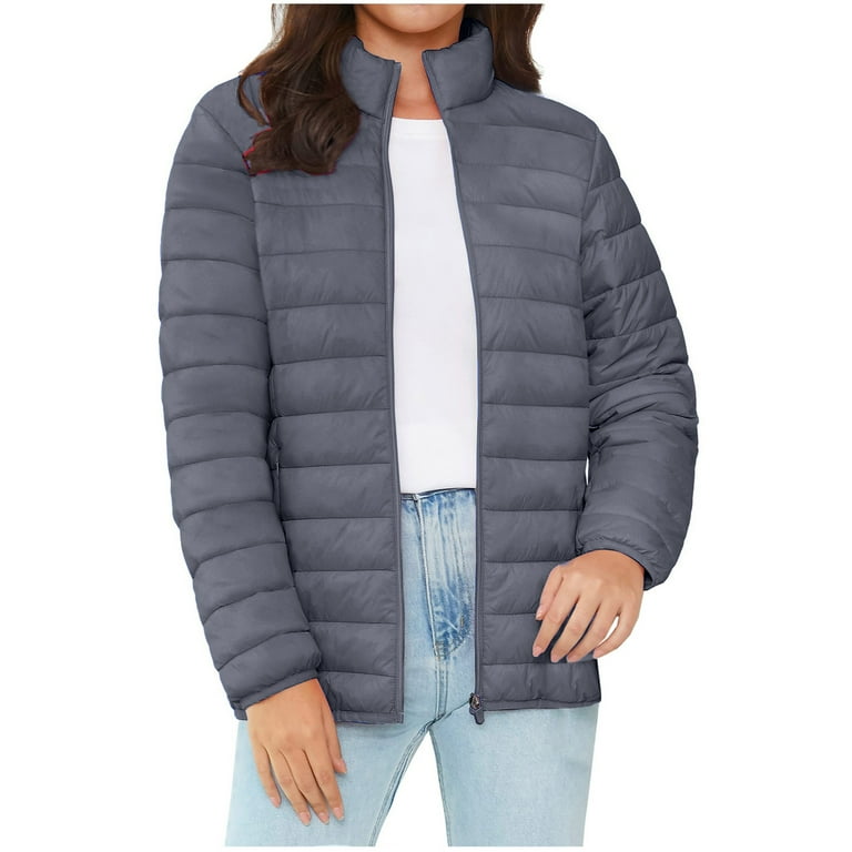 Hfyihgf Women s Puffer Jacket Stand Collar Zip Up Quilted Padded Lightweight Packable Down Coat Winter Warm Outwear with Pockets Dark Gray S Walmart
