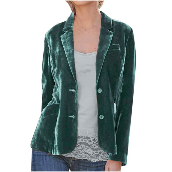 Hfyihgf Women's Retro Long Sleeve Velvet Blazer Jacket Open Front Buttons Lapel Office Suit Coat with Pockets Cozy Lightweight Outerwear(Green,XL)