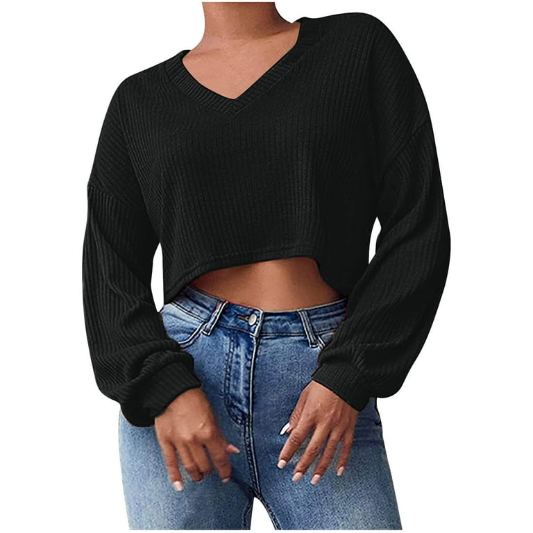 Hfyihgf Women's Ribbed Knit Cropped Tops V Neck Ballon Long Sleeve