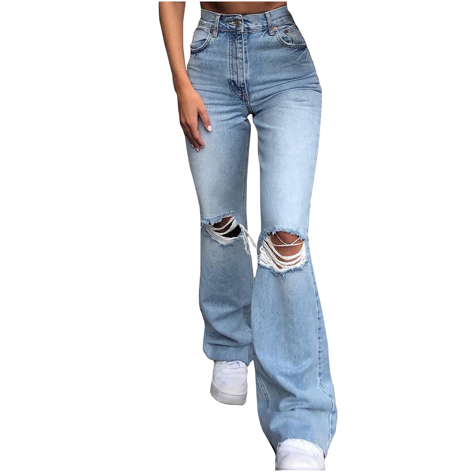 Hfyihgf Women's Ripped Flare Jeans Distressed Bootcut Jeans Stretch Bell  Bottom Denim Pants with Pockets(Light Blue,M)