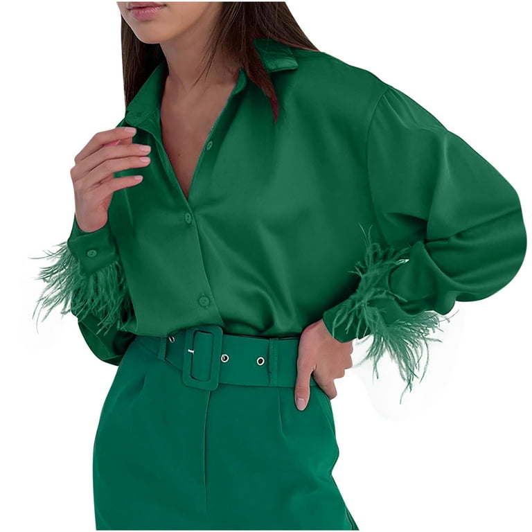 Lady Faux Silk Shirt Satin Blouse Tops Long Sleeve Office Lapel Formal  Plain