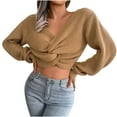 thumbnail image 1 of Hfyihgf Women's Sexy Criss Cross Cropped Sweaters Long Sleeve V-Neck Twisted Front Pullover Sweater Knitted Jumper Crop Top(Khaki,L), 1 of 6