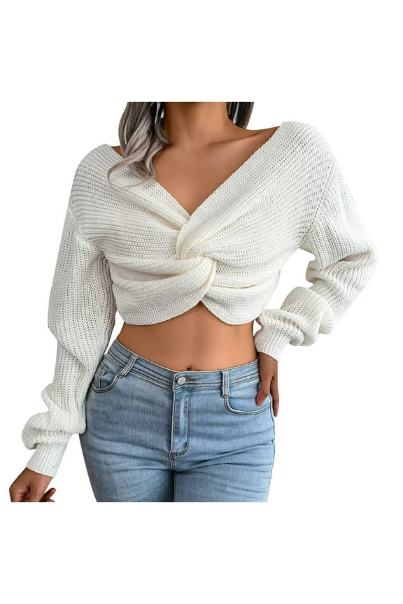 Women's Sexy Criss Cross Cropped Sweaters Long Sleeve V-Neck Twisted Front Pullover Sweater Knitted Jumper Crop Top(White,L)