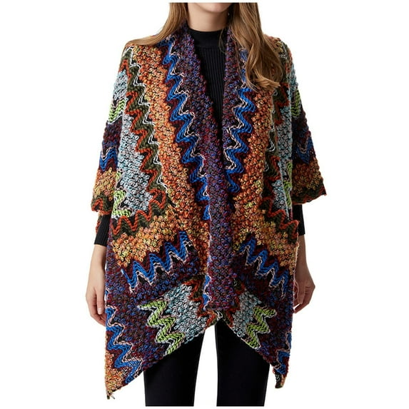 Hfyihgf Women's Shawl Wraps Poncho Sweater Coat Open Front Ethnic Style Chunky Knit Pockets Cape Cardigan for Fall Winter Holiday(Red,One Size)