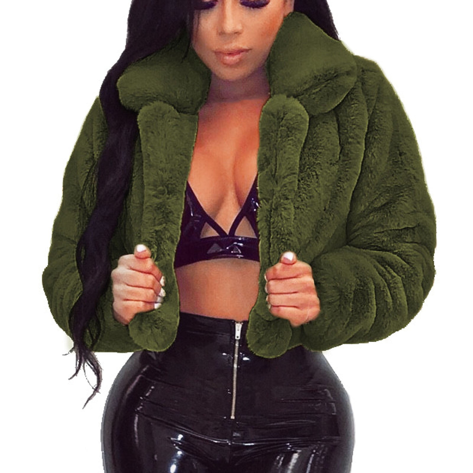 Women's Plus Black Faux Fur Shaggy Cropped Jacket - Size 18