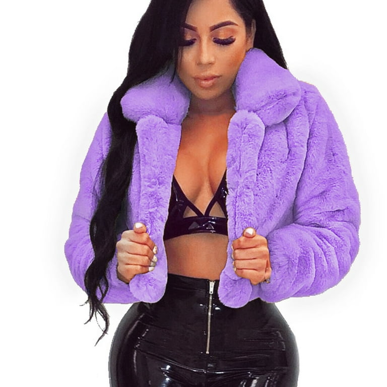 Hfyihgf Women's Short Faux Fur Coat Casual Long Sleeve Lapel Shaggy Cropped  Jacket Warm Winter Trendy Fluffy Cardigans Outwear(Purple,S) 