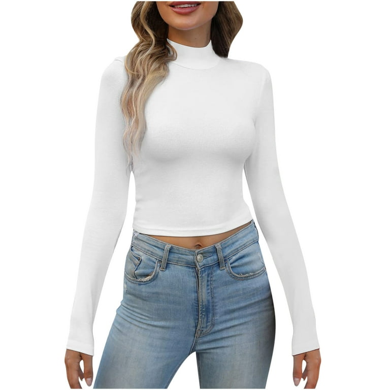 Hfyihgf Women's Slim Fit Going Out Crop Tops Casual Solid Color Mock Neck  Long Sleeve Tight Tee Shirt Basic Streetwear(White,L) 