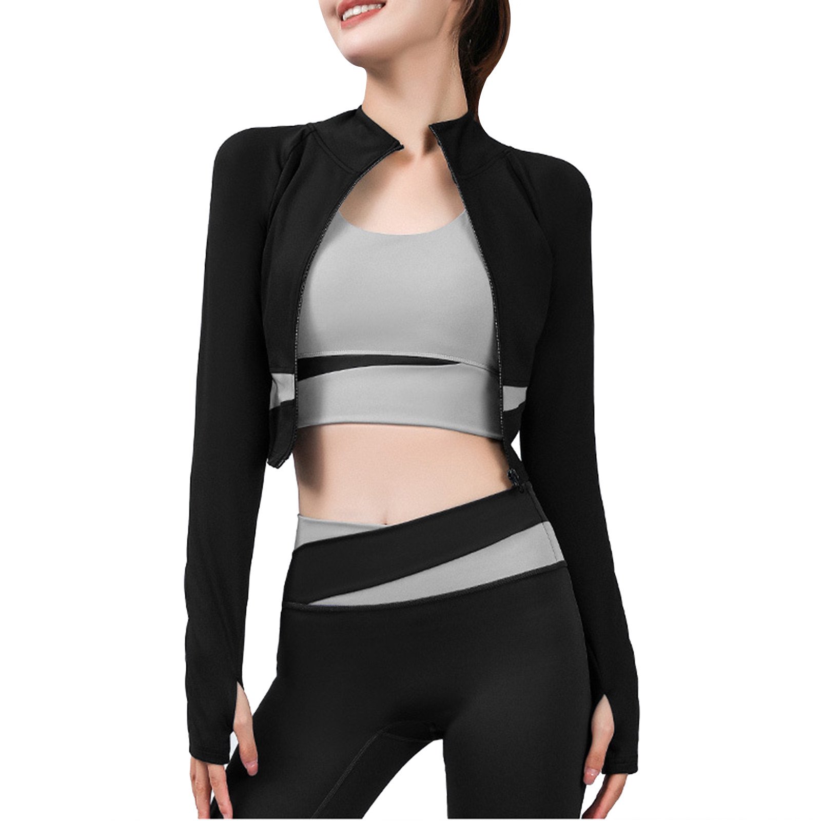 Hfyihgf Women's Sports Yoga Cropped Jacket Slim Fit Stretchy Full Zip  Athletic Workout Lightweight Long Sleeve Jacket Crop Top with Thumb  Holes(Black,S) - Walmart.com