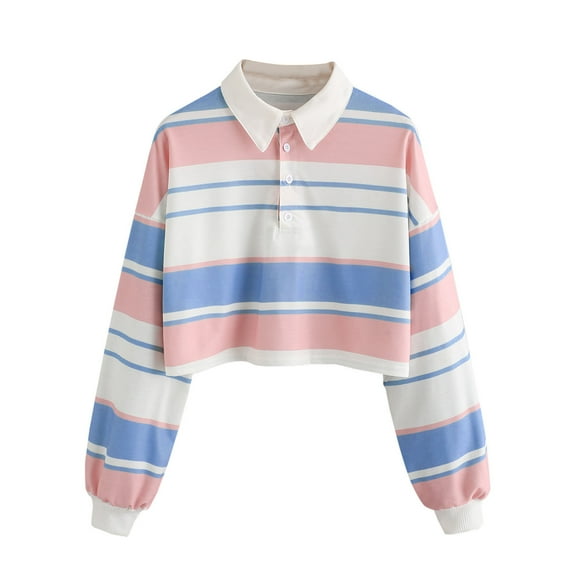 Hfyihgf Women's Striped Crop Tops Collar Half Button Long Sleeve Polo Tee Shirt Fashion Cute Rainbow Stripe Sweatshirt for Teen Girl(Blue,XL)