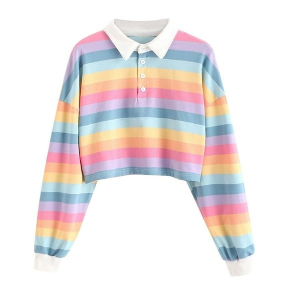 Hfyihgf Women's Striped Crop Tops Collar Half Button Long Sleeve Polo Tee Shirt Fashion Cute Rainbow Stripe Sweatshirt for Teen Girl(Pink,M)
