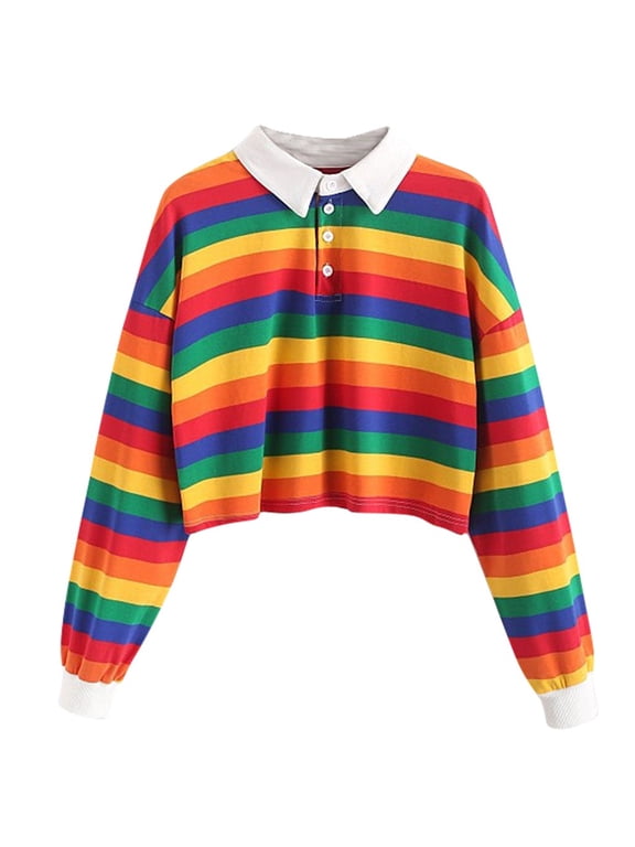 Women's Striped Crop Tops Collar Half Button Long Sleeve Polo Tee Shirt Fashion Cute Rainbow Stripe Sweatshirt for Teen Girl(Red,S)