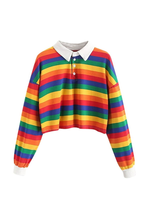 Women's Striped Crop Tops Collar Half Button Long Sleeve Polo Tee Shirt Fashion Cute Rainbow Stripe Sweatshirt for Teen Girl(Red,XL)