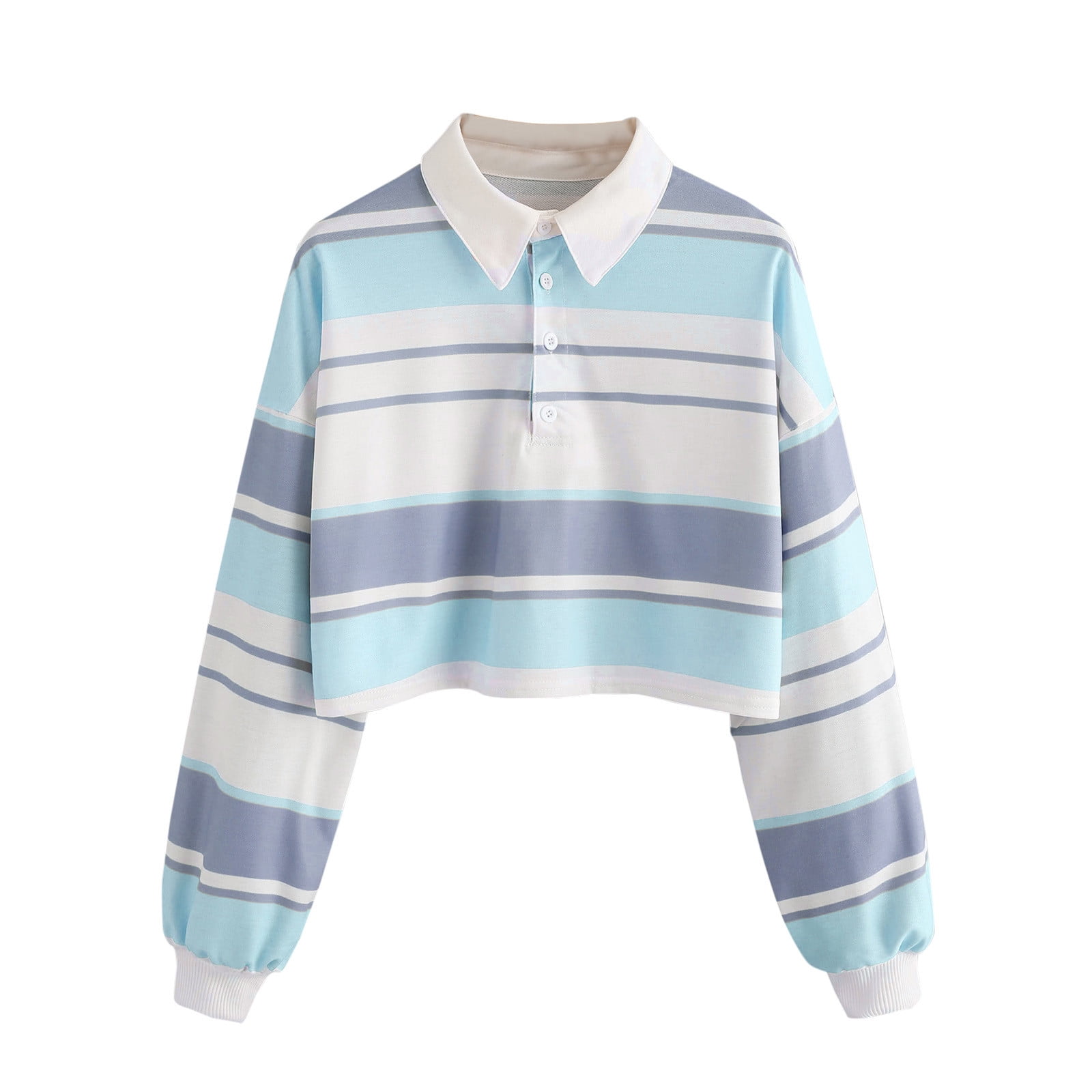 Women's Casual Long Sleeve Striped Crop Tops Collared Half