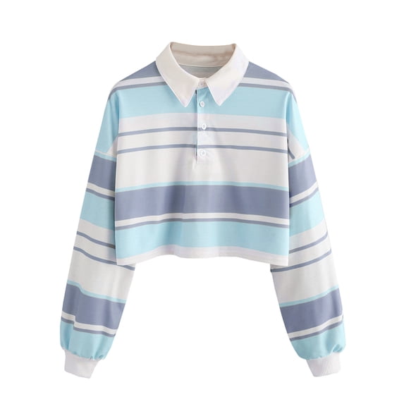 Hfyihgf Women's Striped Crop Tops Collar Half Button Long Sleeve Polo Tee Shirt Fashion Cute Rainbow Stripe Sweatshirt for Teen Girl(Sky Blue,XL)