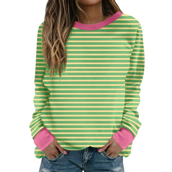 Hfyihgf Women's Striped Pullover Tops 2024 Fall Trendy Shirts Long Sleeve Soft Loose Crew Neck Y2K Sweatshirts(Mint Green,3XL)