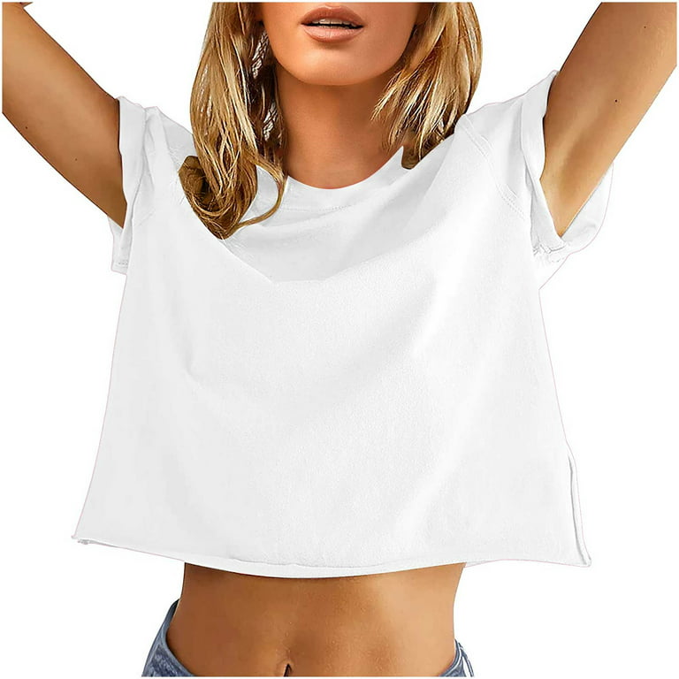 Hfyihgf Women's Summer Crop Tops Teen Girls Y2K Streewear Casual Loose Fit  Plain Short Sleeve Round Neck T-Shirt Basic Tees(White,L) 