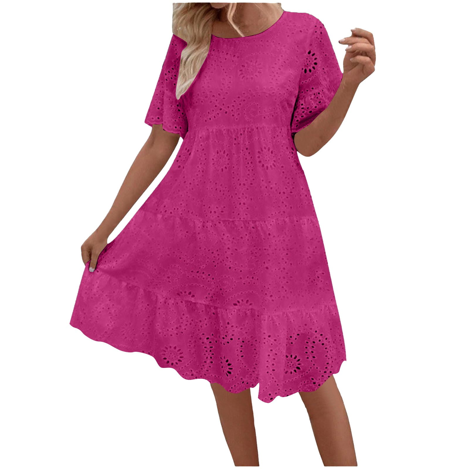 Hfyihgf Women's Summer Dresses Lace Eyelet Short Sleeve Crewneck Tiered Midi Dress Ruffle Hem Babydoll Short Dress(Hot Pink,XL), Multicolor
