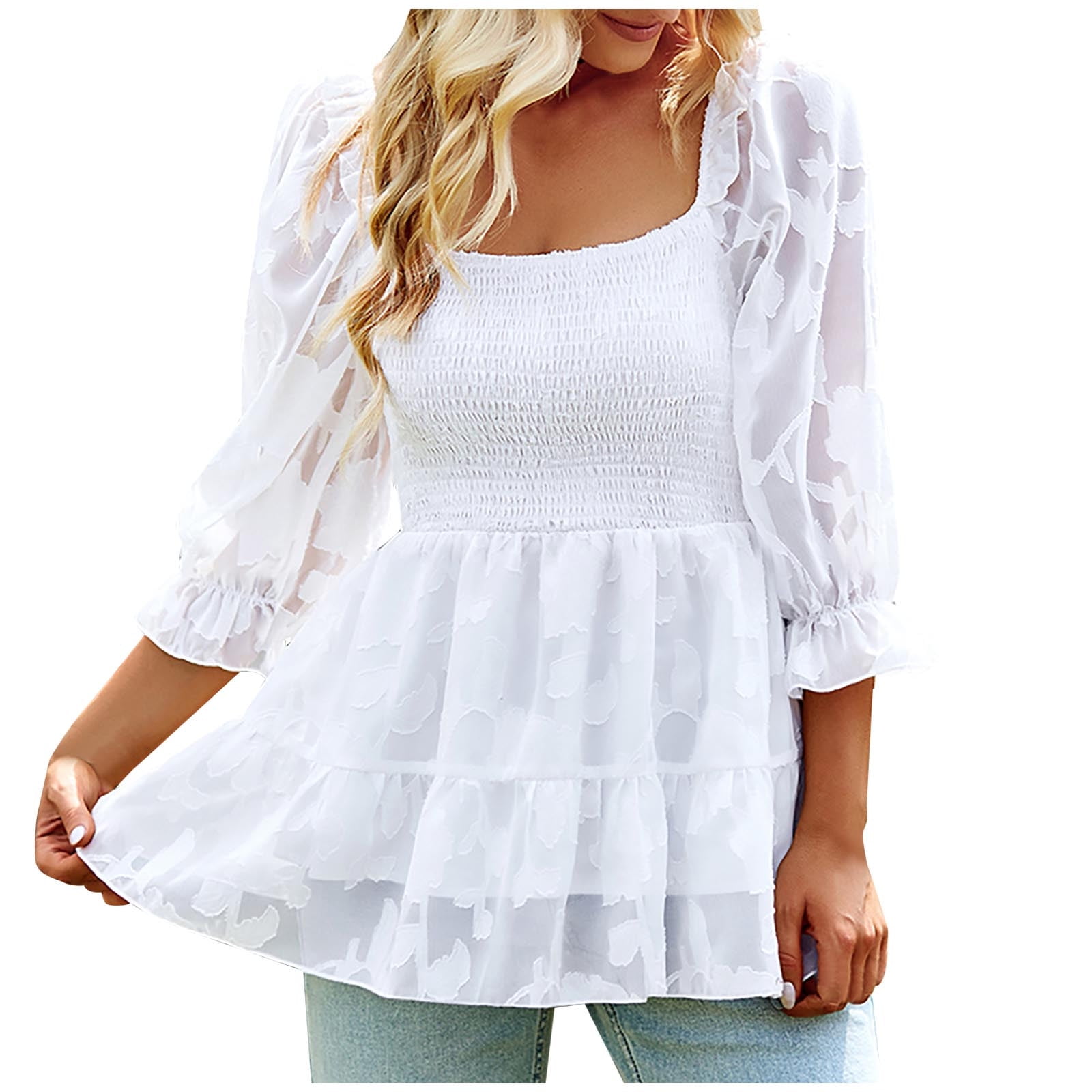 Hfyihgf Women's Summer Square Neck Smocked Babydoll Tops 3/4