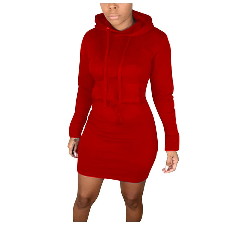 Womens Dresssummer Hooded Dress Sweatshirt O-Neck Sexy Ladies