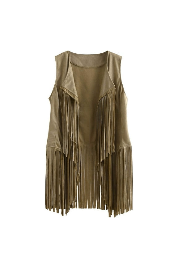 Women's Tassel Sleeveless Vest 70s Hippie Faux Suede Fringe Jacket Cardigan(Green,XXL)